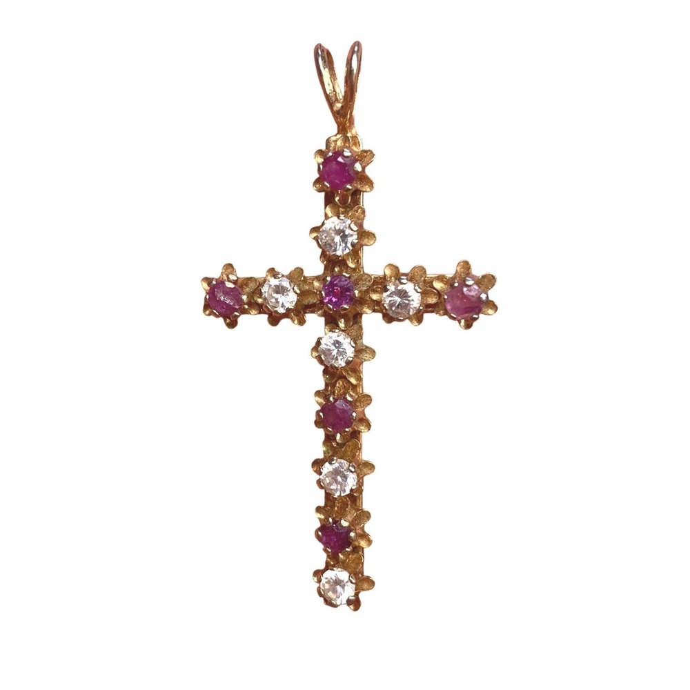 Vintage Gold Tone Pink Ruby and White Stone Floral Cross Pendant Charm 1.5 inch